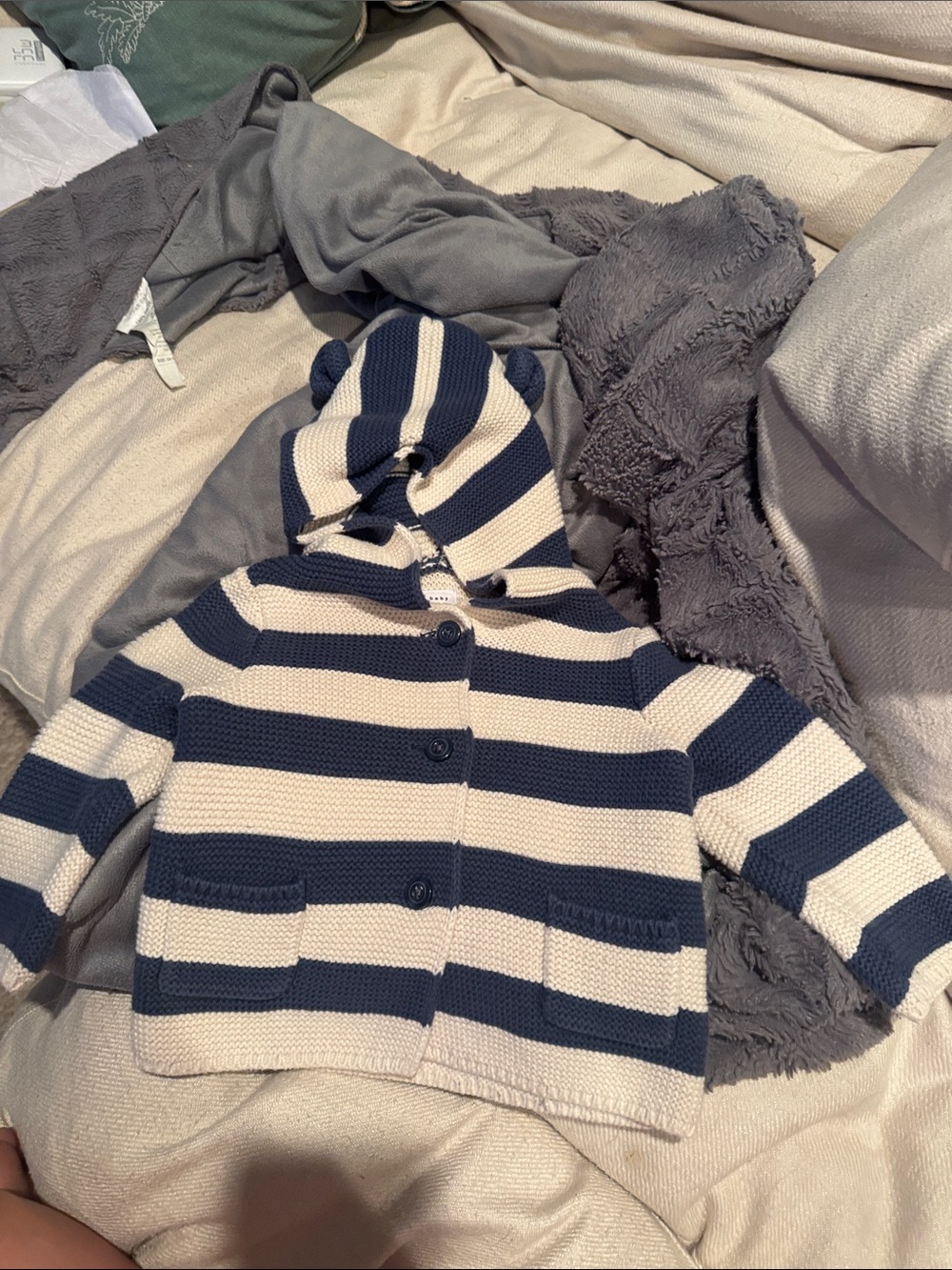 GAP Navy and Cream Striped Hooded Knit Cardigan